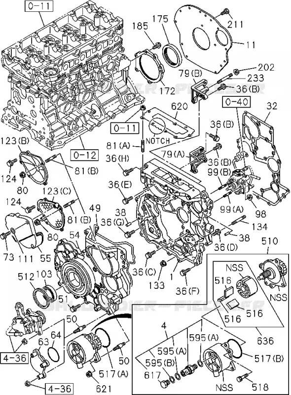 0-20 - Carter de distribution et cloche de volant moteur<br />[020A]4JJ1,4JK1 Isuzu PICK UP 2004-2011 DMAX SPACE CAB 4X2 LONG 3.0L 4JJ1-TCX (LS0)