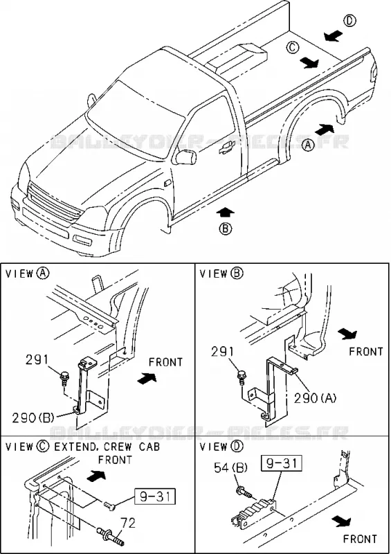 9-33 - Carrosserie arrière - Hayon et protection latérale<br />[933A]EXC.REAR BODY FLAT BED(NO.7) Isuzu PICK UP 2004-2011 DMAX AUTOMATIQUE AISIN RMD 3.0L 4JH1-TC (RDM)