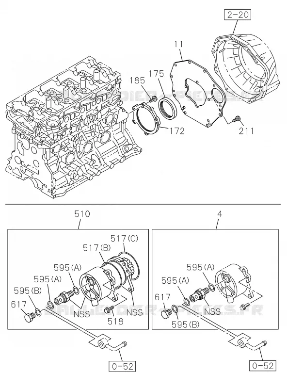 0-20 - Carter de distribution et cloche de volant moteur<br />[020A]4JK1,4JJ1 NO.2 Isuzu PICK UP 2017 DMAX SPACE CAB 4X2 LONG 1.9L DDI 120kW (163cv) RZ4E-TCX HI-POWER (LNC)