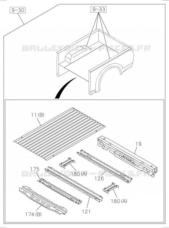 9-31 - Carrosserie arrière - Plancher et garde-boue<br />[931A]EXC.REAR BODY FLAT BED; CREW CAB Isuzu PICK UP 2017 DMAX SPACE CAB 4X2 LONG 1.9L DDI 120kW (163cv) RZ4E-TCX HI-POWER (LNC)