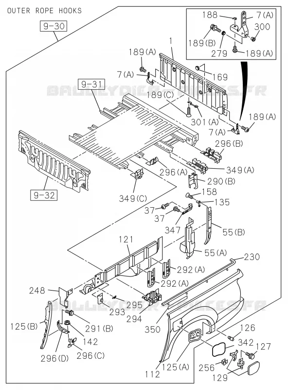 9-33 - Carrosserie arrière - Hayon et protection latérale<br />[933A]EXC.REAR BODY FLAT BED; CREW NO.3 Isuzu PICK UP 2017 DMAX SPACE CAB 4X2 LONG 1.9L DDI 120kW (163cv) RZ4E-TCX HI-POWER (LNC)
