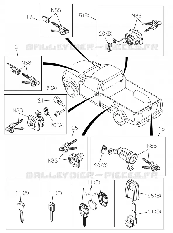 7-30 - Jeu barillet verrou<br />[730A]CYLINDER ASM,BLANK KEY AND TRANSMITTER Isuzu PICK UP 2019 DMAX CREW CAB 4X4 LONG 3.0L 4JJ1-TCX (LS0)